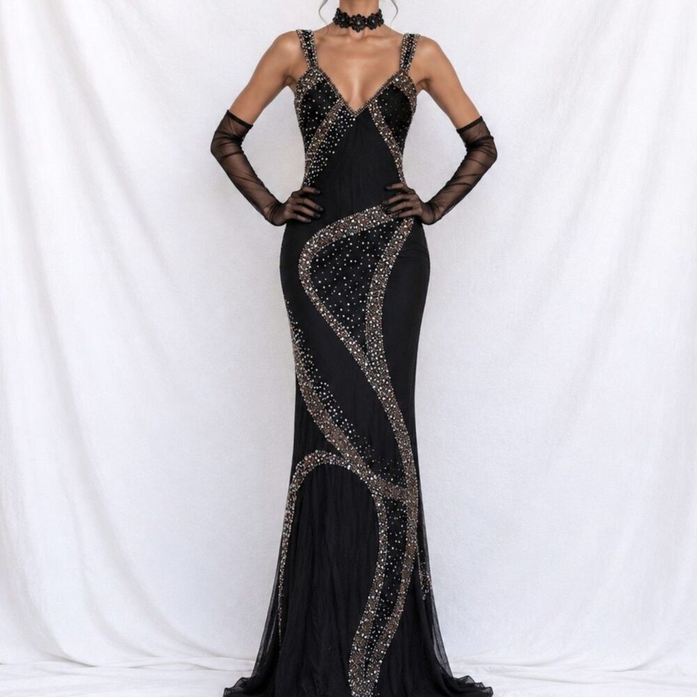 Vintage Y2K Black Beaded Bodycon Maxi Formal Cocktail Gown Prom Dress Size M